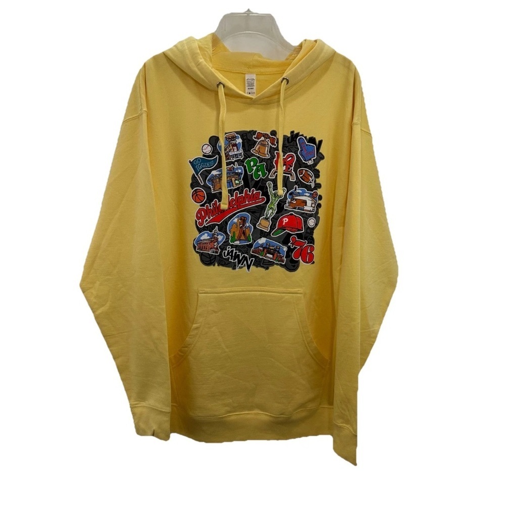 Philadelphia Graphic Print Pullover Hoodie Size Large Yellow Mid Pocket